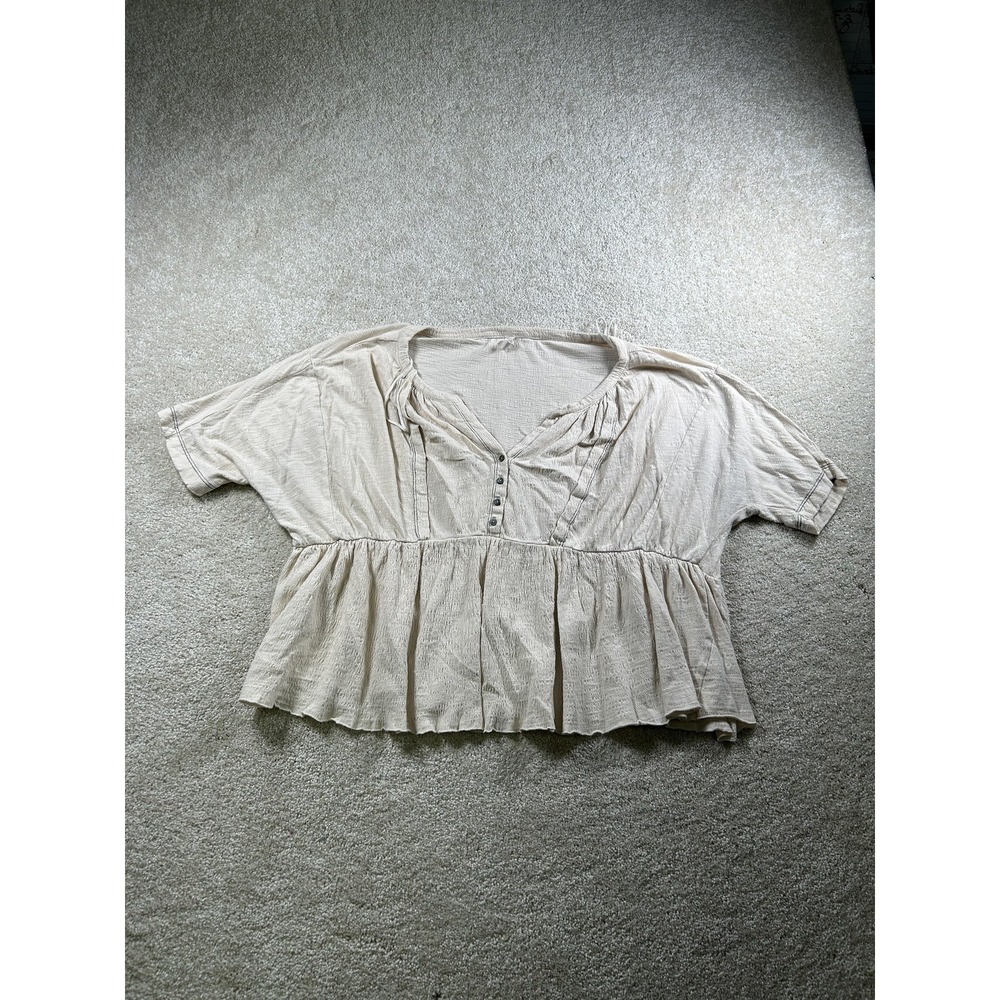 Wishlist Blouse Womens Small Beige Short‎ Sleeve Peplum Button Top Lightweight